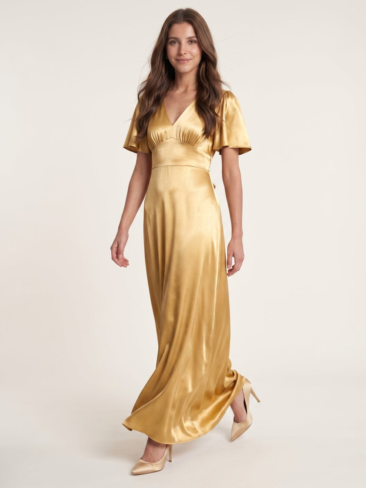 Elegant Gold Satin A-Line V-Neck V-Back Ankle-Length Bridesmaid Dress - Curvevia