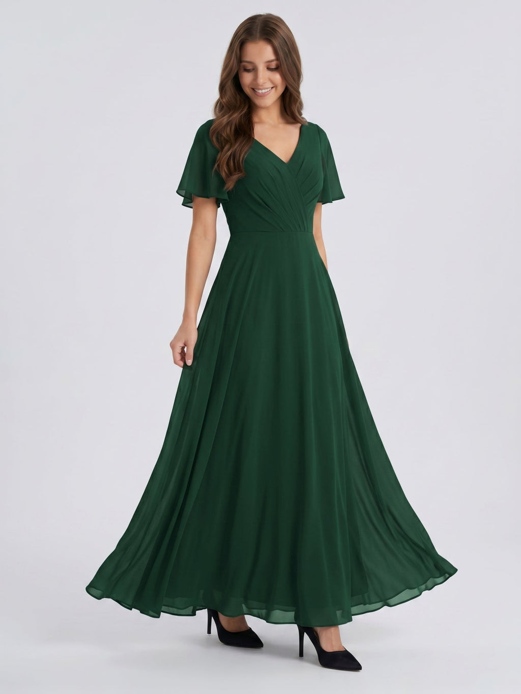 Forest Green Chiffon A-Line V-Neck V-Back Floor-Length Bridesmaid Dress - Curvevia