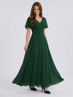 Forest Green Chiffon A-Line V-Neck V-Back Floor-Length Bridesmaid Dress - Curvevia