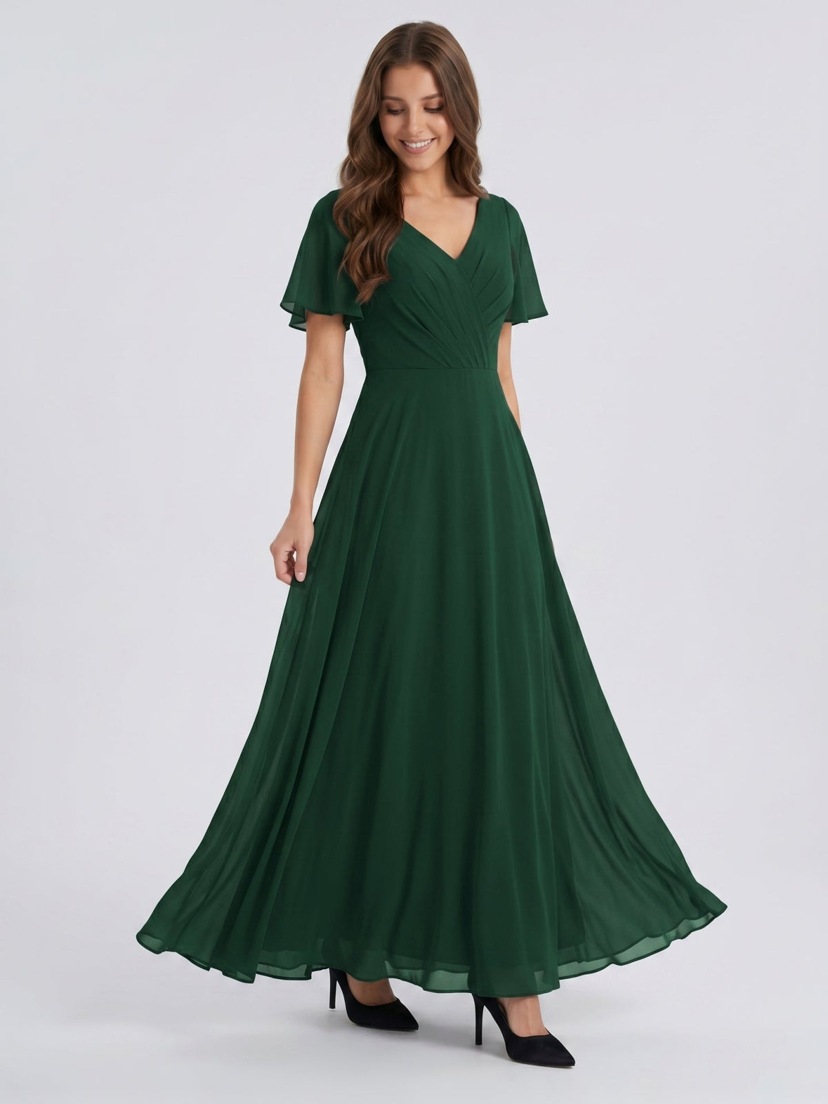 Forest Green Chiffon A-Line V-Neck V-Back Floor-Length Bridesmaid Dress - Curvevia