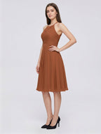 Terracotta Chiffon A-Line Halter Keyhole Back Knee-Length Pleated Bridesmaid Dress - Curvevia