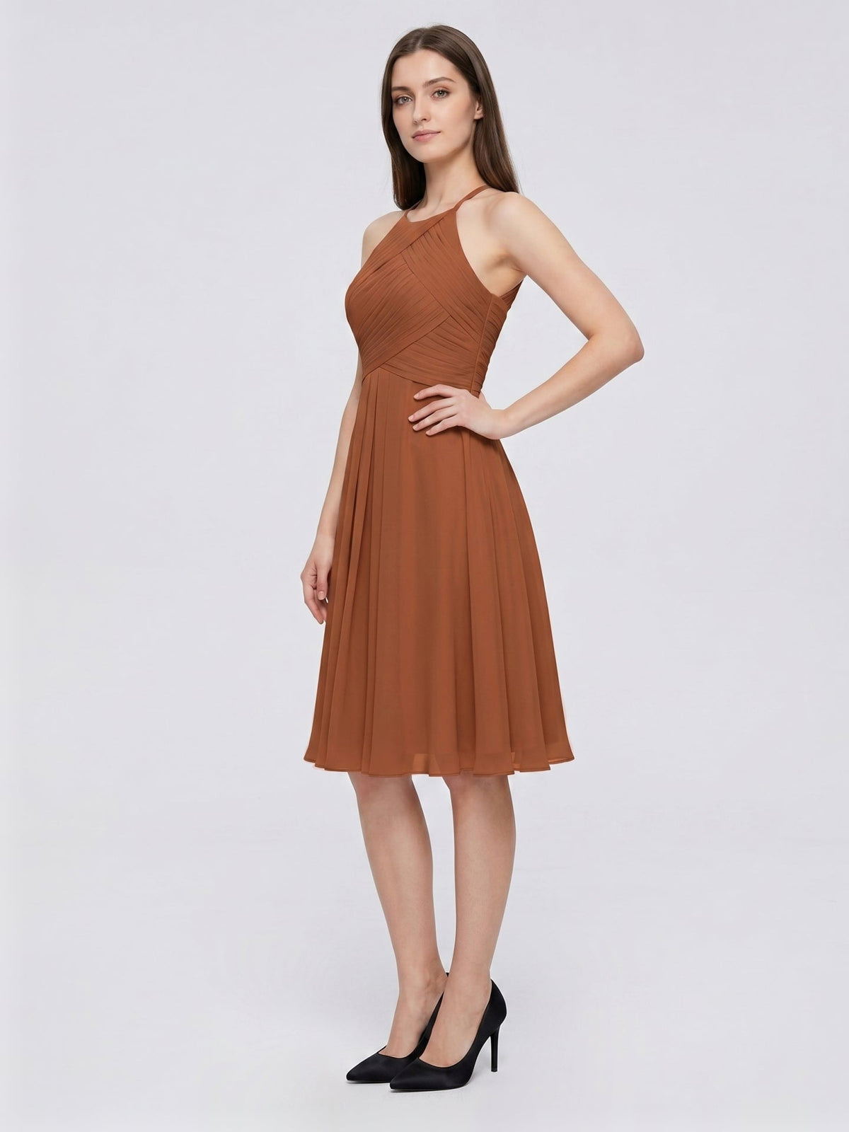 Terracotta Chiffon A-Line Halter Keyhole Back Knee-Length Pleated Bridesmaid Dress - Curvevia