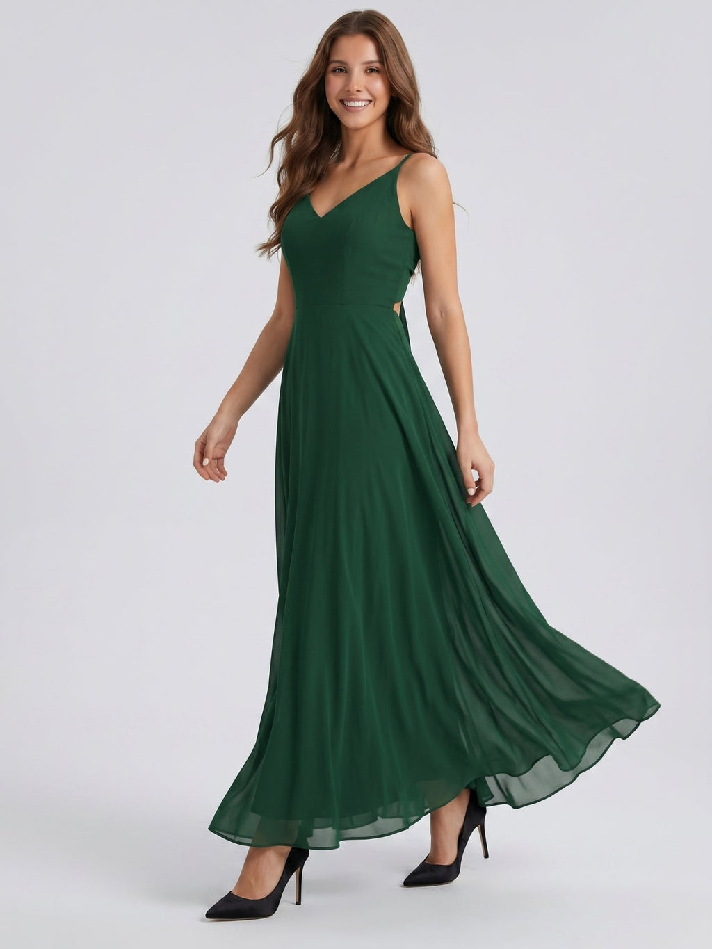 Forest Green Chiffon A-Line V-Neck Bow Back Floor-Length Bridesmaid Dress with Bow - Curvevia