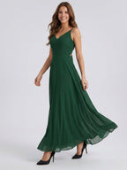 Forest Green Chiffon A-Line V-Neck Bow Back Floor-Length Bridesmaid Dress with Bow - Curvevia