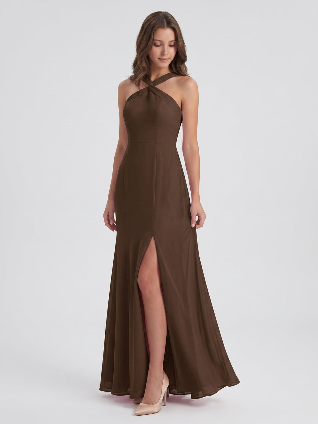 Mocha Chiffon Trumpet Halter Keyhole Back Ankle-Length Bridesmaid Dress - Curvevia