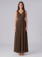 Mocha Chiffon A-Line V-Neck Back Zip Floor-Length Pleated Bridesmaid Dress - Curvevia