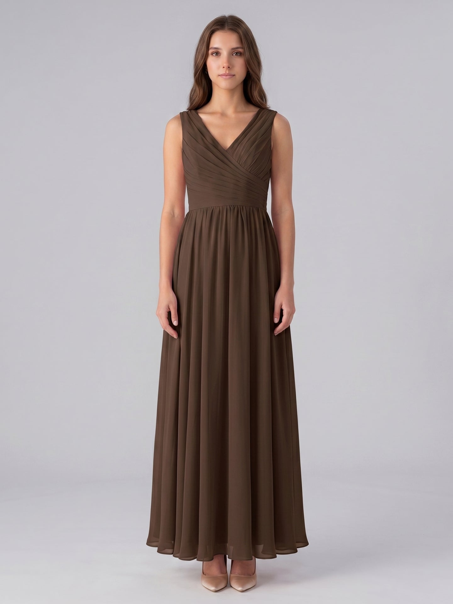 Mocha Chiffon A-Line V-Neck Back Zip Floor-Length Pleated Bridesmaid Dress - Curvevia