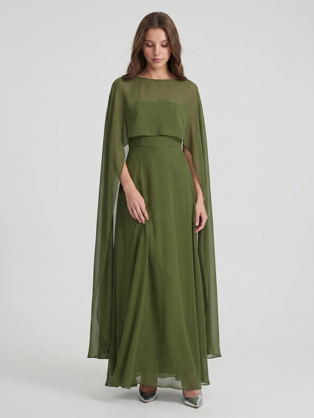 Olive Green Chiffon A-Line Straight Neck Illusion Back Floor-Length Bridesmaid Dress with Cape - Curvevia
