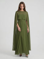 Olive Green Chiffon A-Line Straight Neck Illusion Back Floor-Length Bridesmaid Dress with Cape - Curvevia
