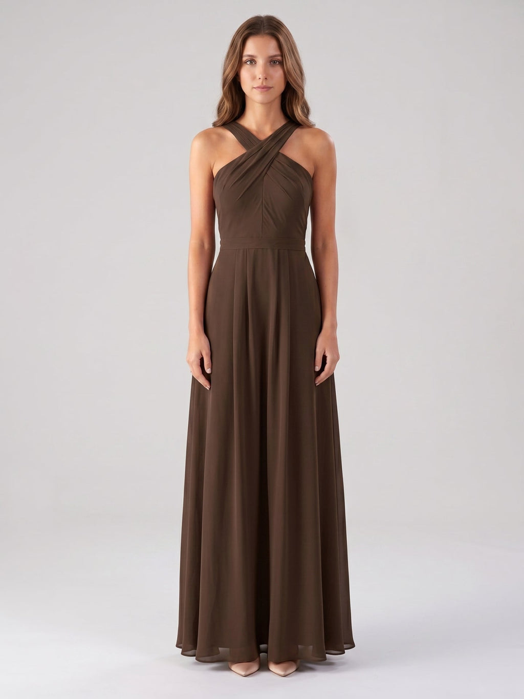 Mocha Chiffon A-Line Halter Backless Floor-Length Bridesmaid Dress with Pockets - Curvevia