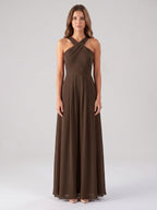 Mocha Chiffon A-Line Halter Backless Floor-Length Bridesmaid Dress with Pockets - Curvevia