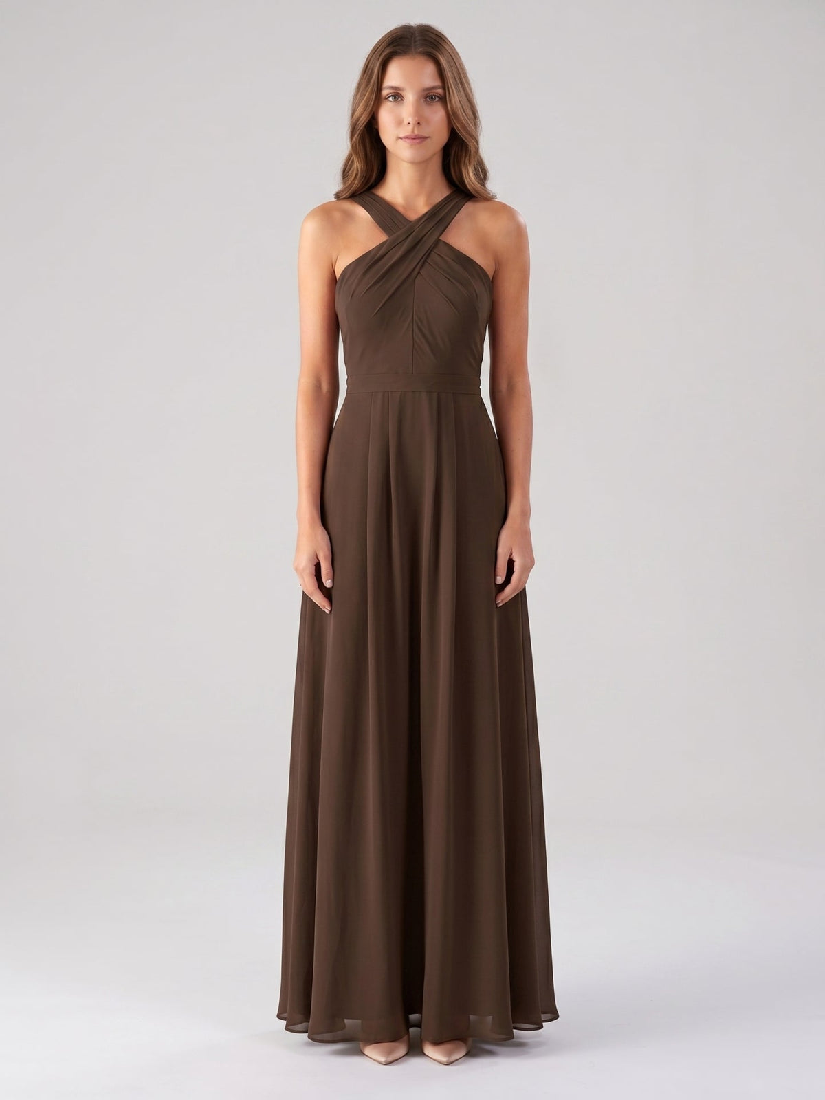 Mocha Chiffon A-Line Halter Backless Floor-Length Bridesmaid Dress with Pockets - Curvevia
