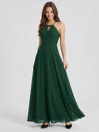 Forest Green Chiffon A-Line Halter Backless Floor-Length Bridesmaid Dress - Curvevia