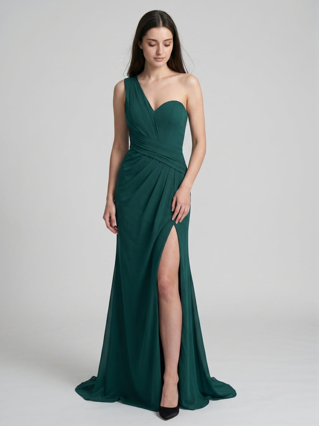 Peacock Chiffon Sheath One Shoulder Back Zip Floor-Length Pleated Bridesmaid Dress - Curvevia