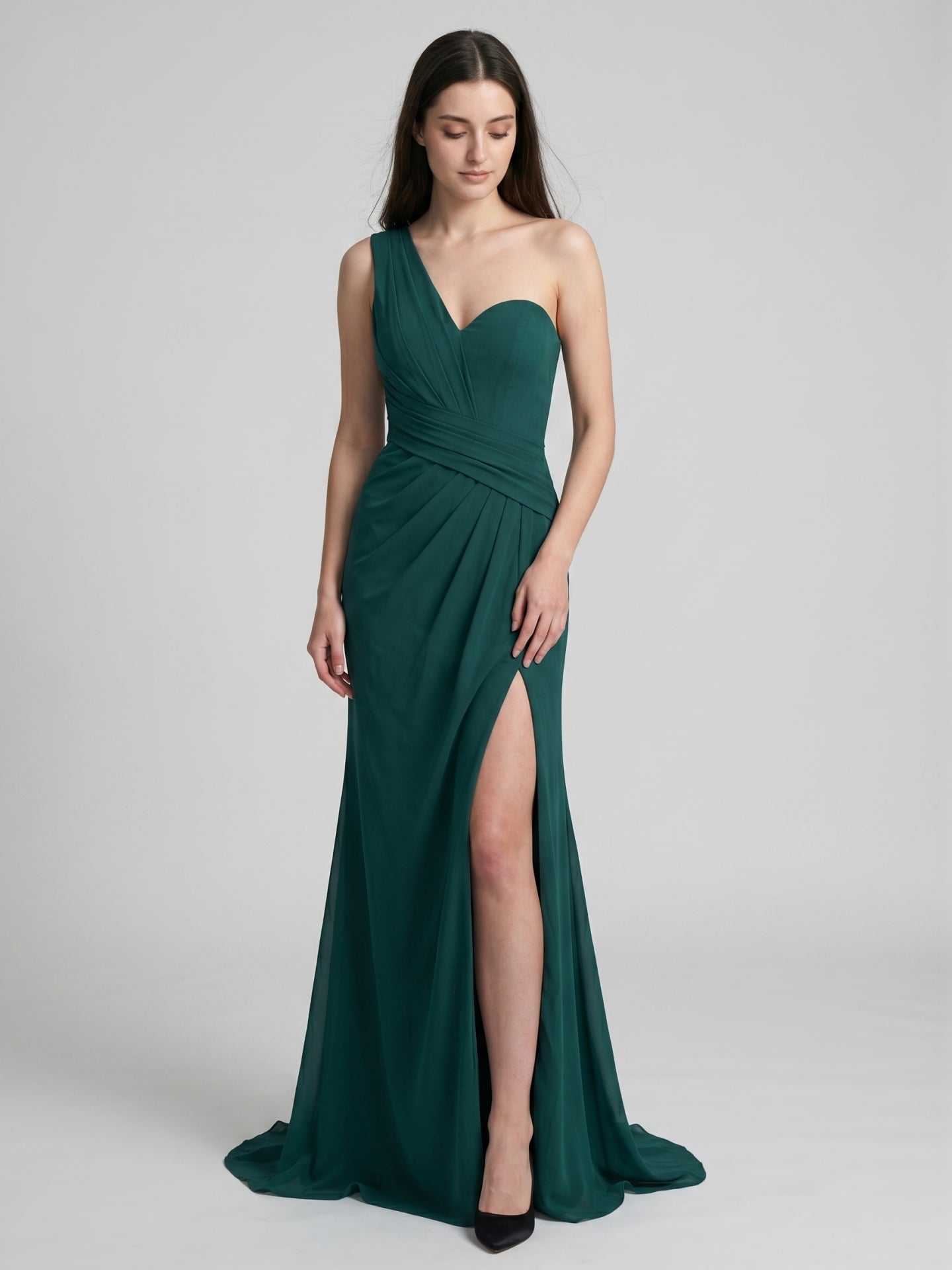 Peacock Chiffon Sheath One Shoulder Back Zip Floor-Length Pleated Bridesmaid Dress - Curvevia