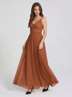 Terracotta Tulle A-Line V-Neck Backless Floor-Length Pleated Bridesmaid Dress - Curvevia