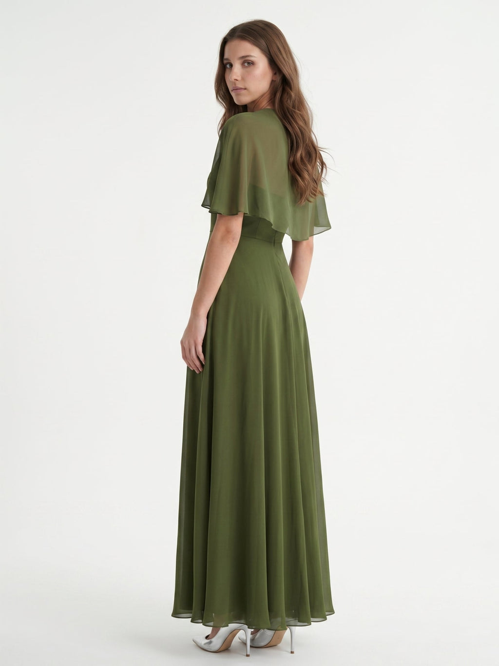 Olive Green Chiffon A-Line Straight Neck Backless Floor-Length Bridesmaid Dress with Cape - Curvevia