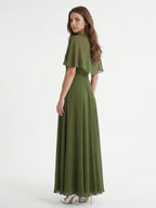 Olive Green Chiffon A-Line Straight Neck Backless Floor-Length Bridesmaid Dress with Cape - Curvevia