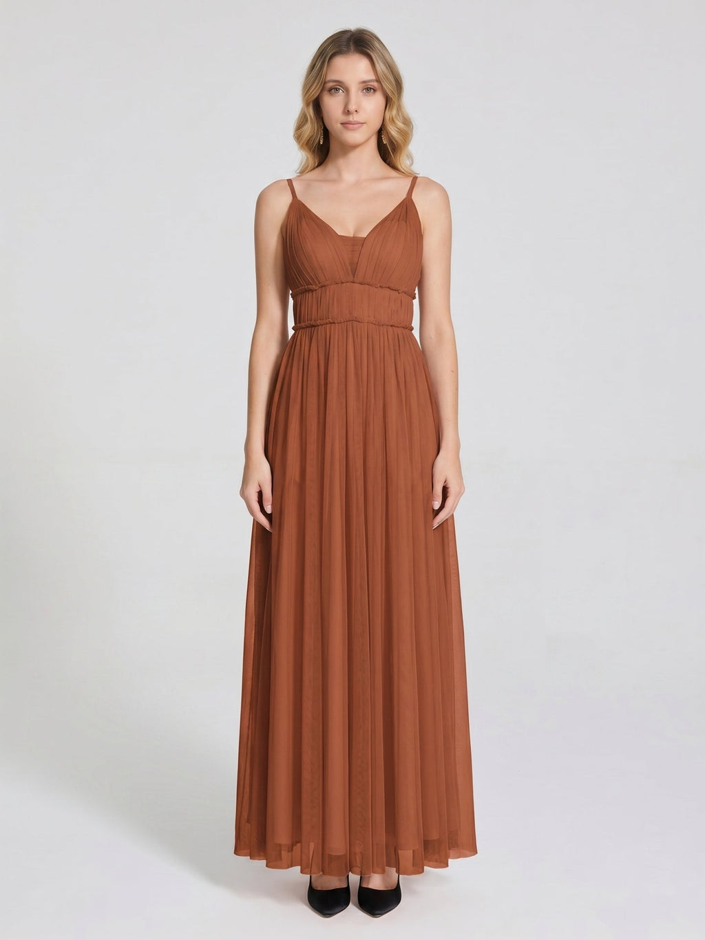 Terracotta Tulle A-Line V-Neck Backless Floor-Length Pleated Bridesmaid Dress - Curvevia