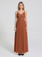 Terracotta Tulle A-Line V-Neck Backless Floor-Length Pleated Bridesmaid Dress - Curvevia