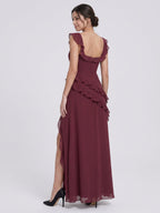 Elegant Cabernet Chiffon A-Line Square Neck Back Zip Ruffle Ankle-Length Bridesmaid Dress - Curvevia