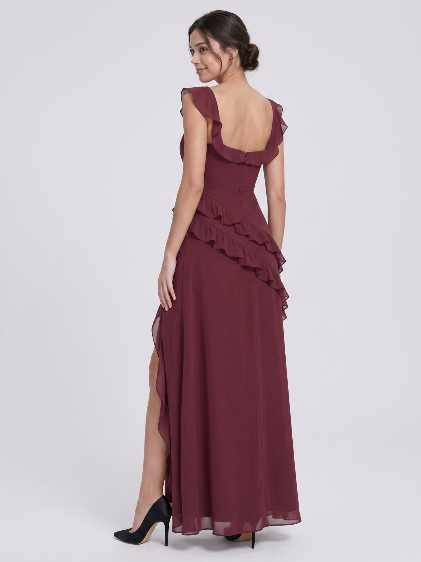 Elegant Cabernet Chiffon A-Line Square Neck Back Zip Ruffle Ankle-Length Bridesmaid Dress - Curvevia