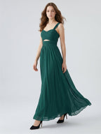 Peacock Chiffon A-Line Sweetheart Back Zip Floor-Length Pleated Bridesmaid Dress - Curvevia