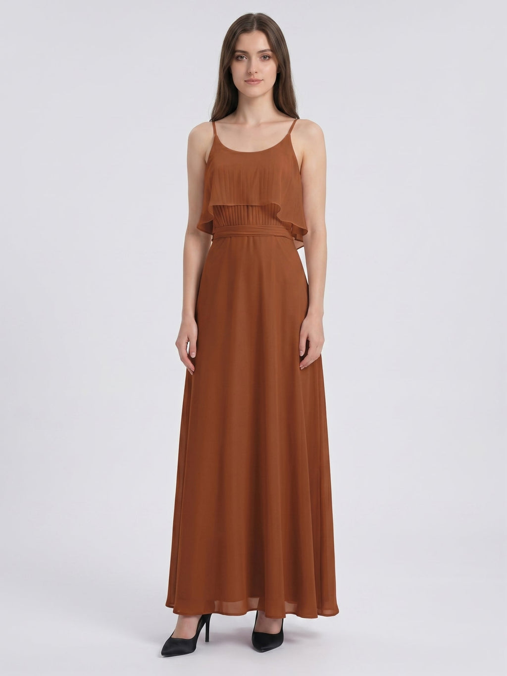 Terracotta Chiffon Sheath Scoop Neck Backless Floor-Length Bridesmaid Dress with Bow - Curvevia