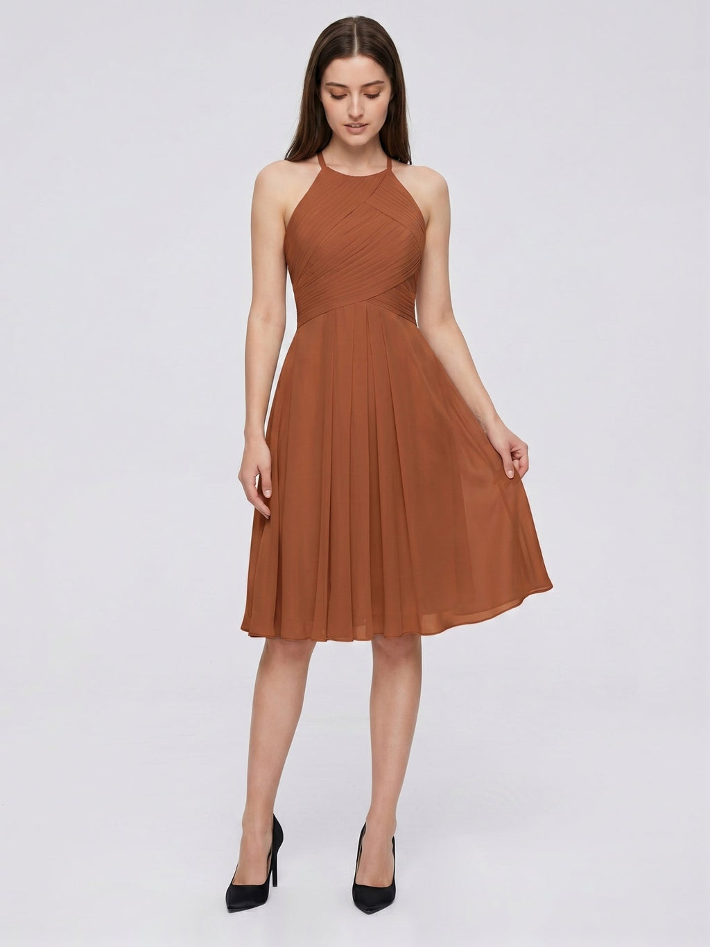 Terracotta Chiffon A-Line Halter Keyhole Back Knee-Length Pleated Bridesmaid Dress - Curvevia