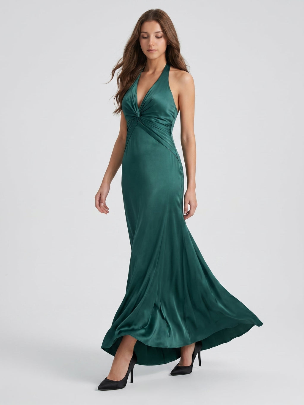 Peacock Satin Sheath Halter Backless Floor-Length Bridesmaid Dress - Curvevia