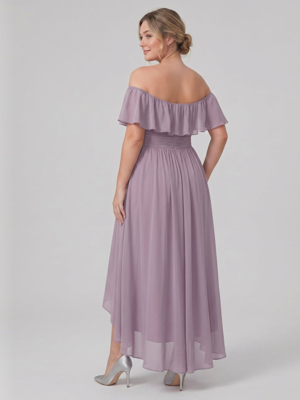 Sweet & Flowy lavender Chiffon A-Line Off-the-Shoulder Backless Asymmetrical Plus Size Bridesmaid Dress - Curvevia