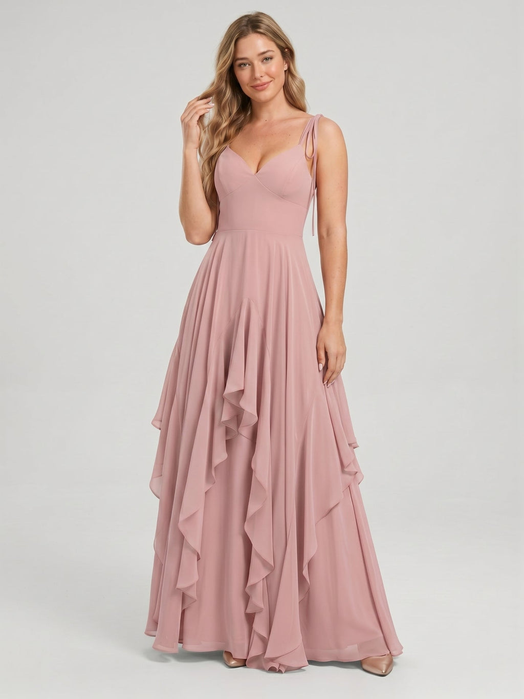 Sweet & Flowy Dusty Rose Chiffon A-Line V-Neck Back Zip with Ruffle Ankle-Length Bridesmaid Dress - Curvevia