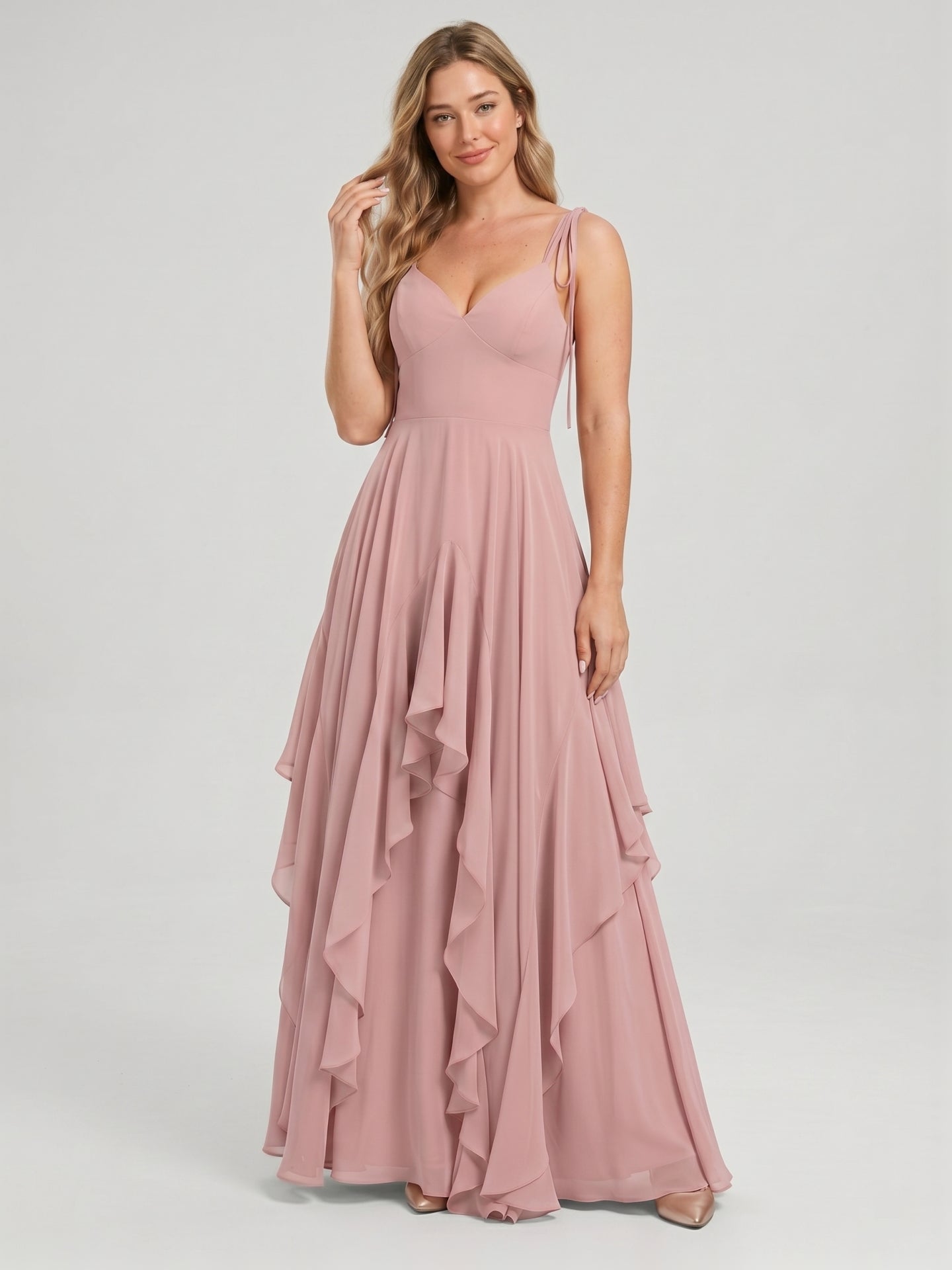 Sweet & Flowy Dusty Rose Chiffon A-Line V-Neck Back Zip with Ruffle Ankle-Length Bridesmaid Dress - Curvevia