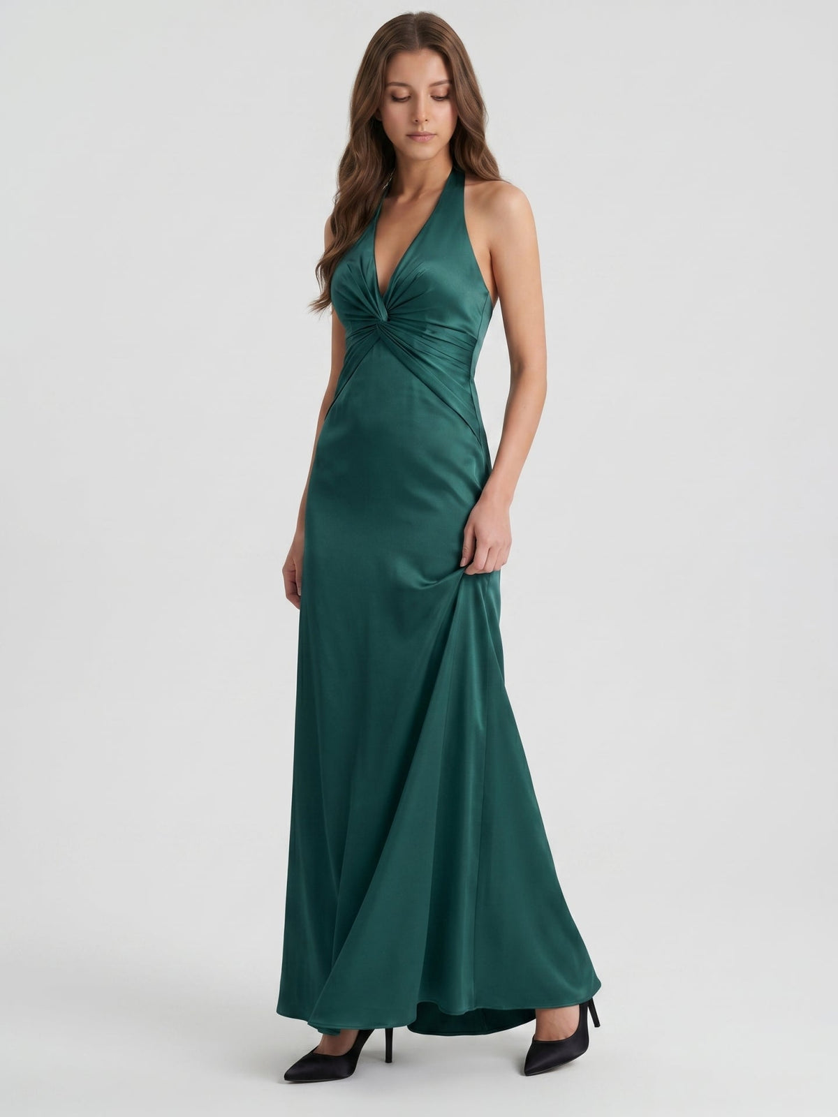 Peacock Satin Sheath Halter Backless Floor-Length Bridesmaid Dress - Curvevia