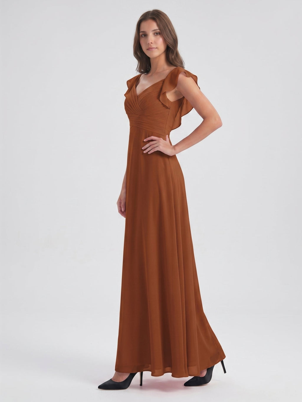 Terracotta Chiffon Sheath V-Neck Backless Floor-Length Ruffle Bridesmaid Dress - Curvevia