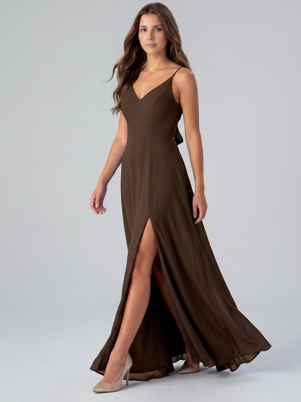 Mocha Chiffon A-Line V-Neck Lace-Up Back Floor-Length Bridesmaid Dress with Bow - Curvevia