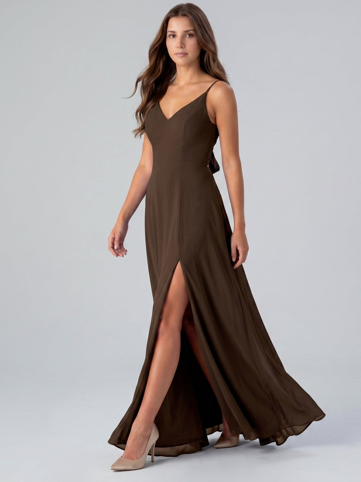 Mocha Chiffon A-Line V-Neck Lace-Up Back Floor-Length Bridesmaid Dress with Bow - Curvevia