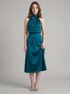 Teal Satin Sheath Scoop Neck Back Zip Tea-Length Bridesmaid Dress - Curvevia