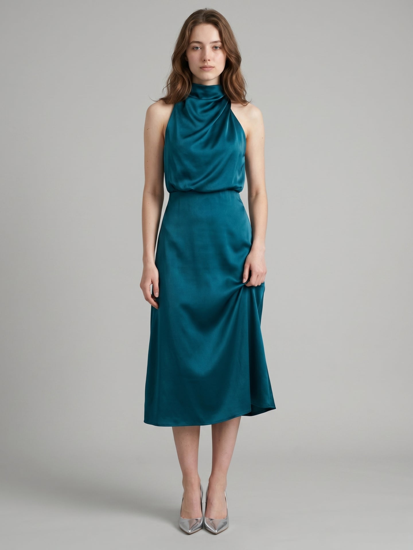 Teal Satin Sheath Scoop Neck Back Zip Tea-Length Bridesmaid Dress - Curvevia