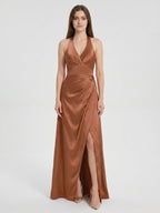 Terracotta Satin A-Line Halter Backless Floor-Length Pleated Bridesmaid Dress - Curvevia
