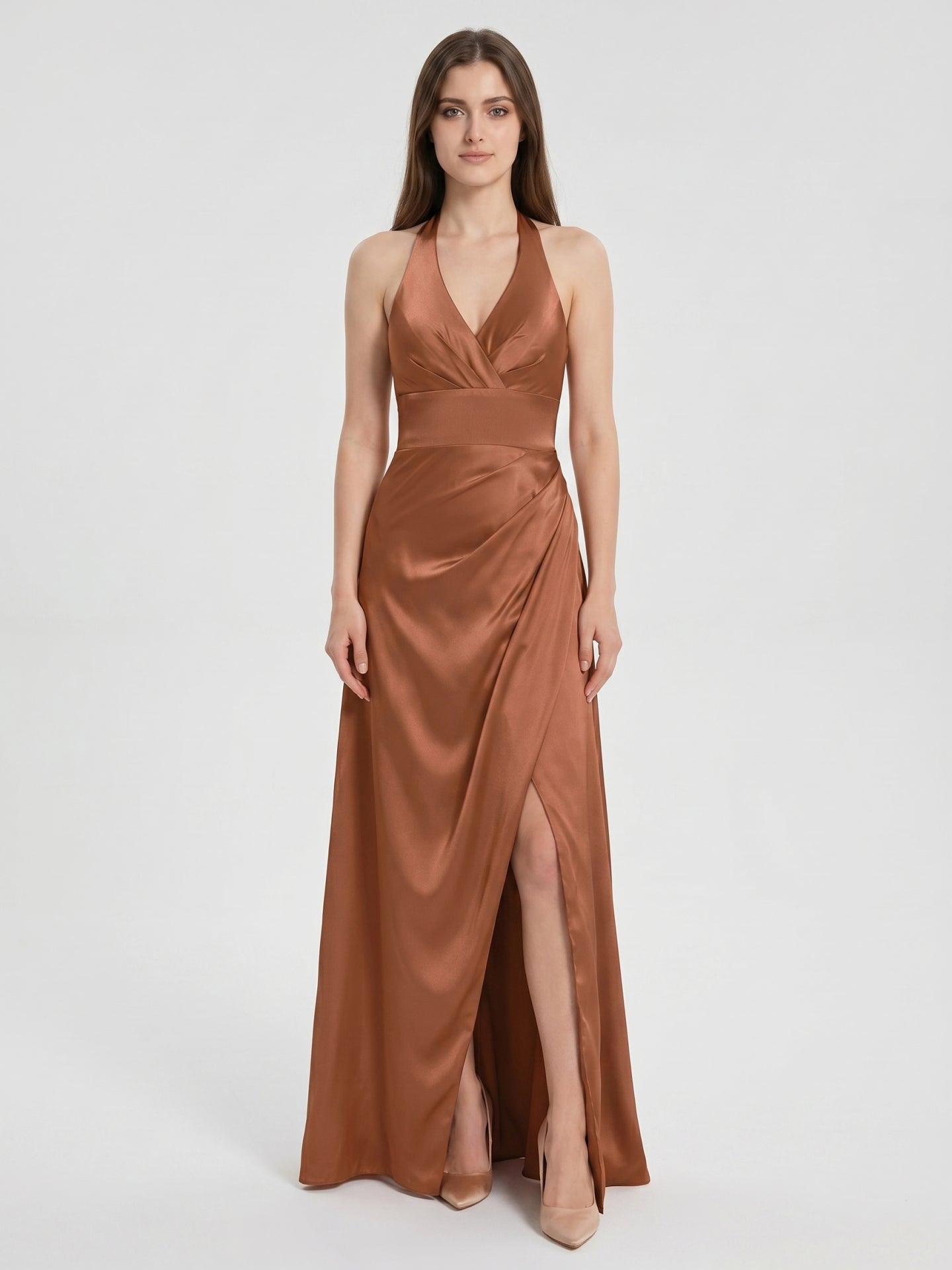 Terracotta Satin A-Line Halter Backless Floor-Length Pleated Bridesmaid Dress - Curvevia