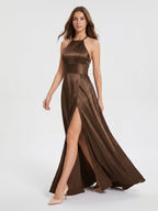 Mocha Satin A-Line Halter Criss-Cross Back Floor-Length Bridesmaid Dress - Curvevia