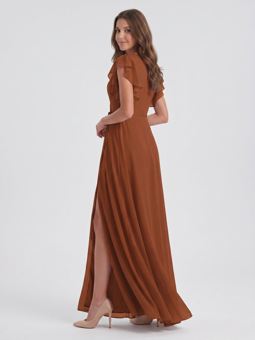 Terracotta Chiffon Sheath V-Neck Back Zip Floor-Length Ruffle Bridesmaid Dress - Curvevia