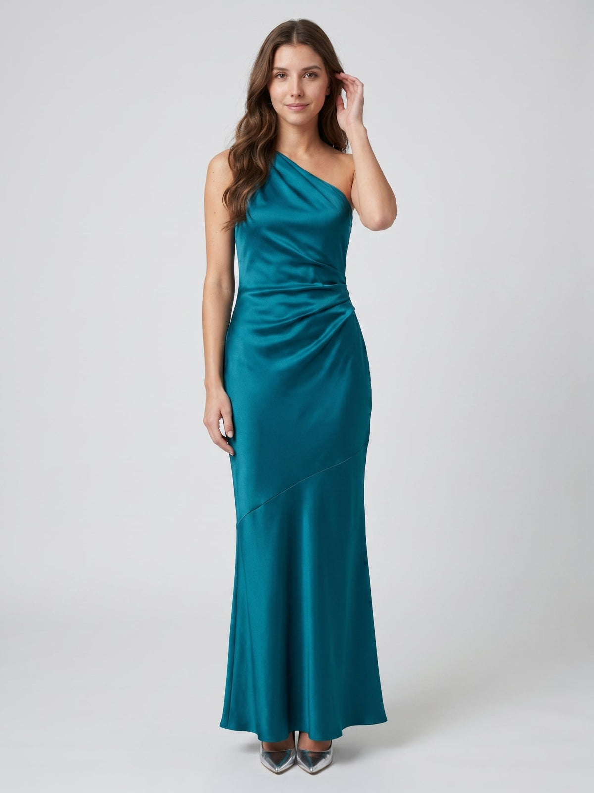 Elegant Teal Satin column One Shoulder Backless Ankle-Length Bridesmaid Dress - Curvevia