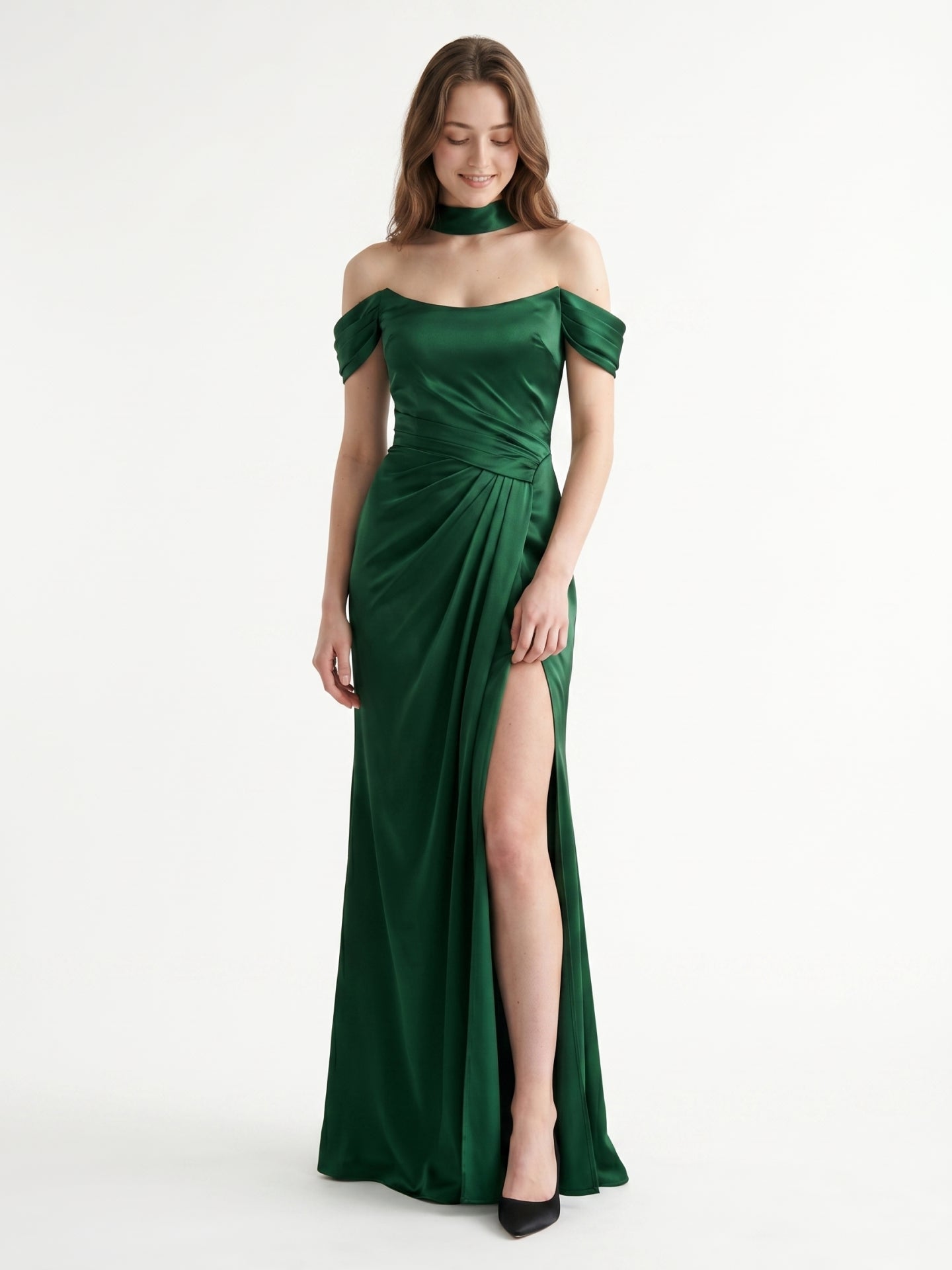 Emerald Satin Sheath Off-the-Shoulder Lace-Up Back Floor-Length Bridesmaid Dress with Bow - Curvevia