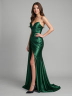Emerald Satin Trumpet V-Neck Backless Floor-Length Pleated Bridesmaid Dress - Curvevia