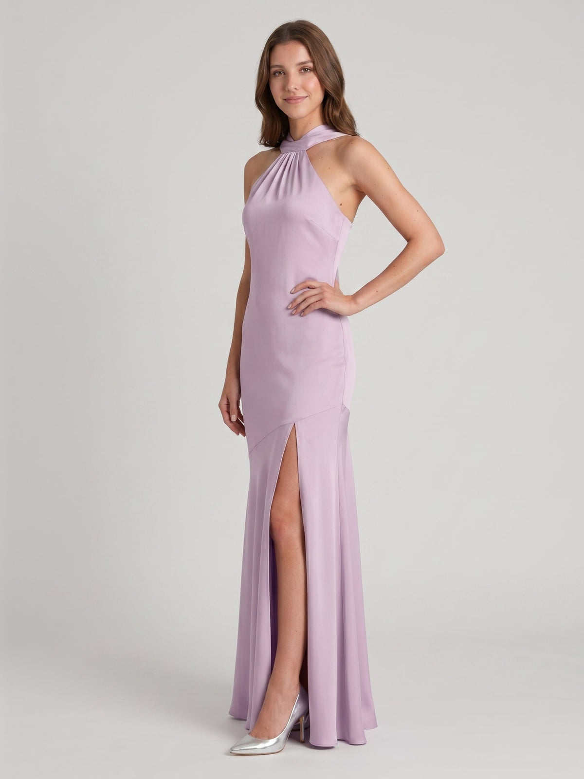 Elegant Lavender Matte Satin Sheath Halter neckline Back Zip Ankle-Length Bridesmaid Dress - Curvevia