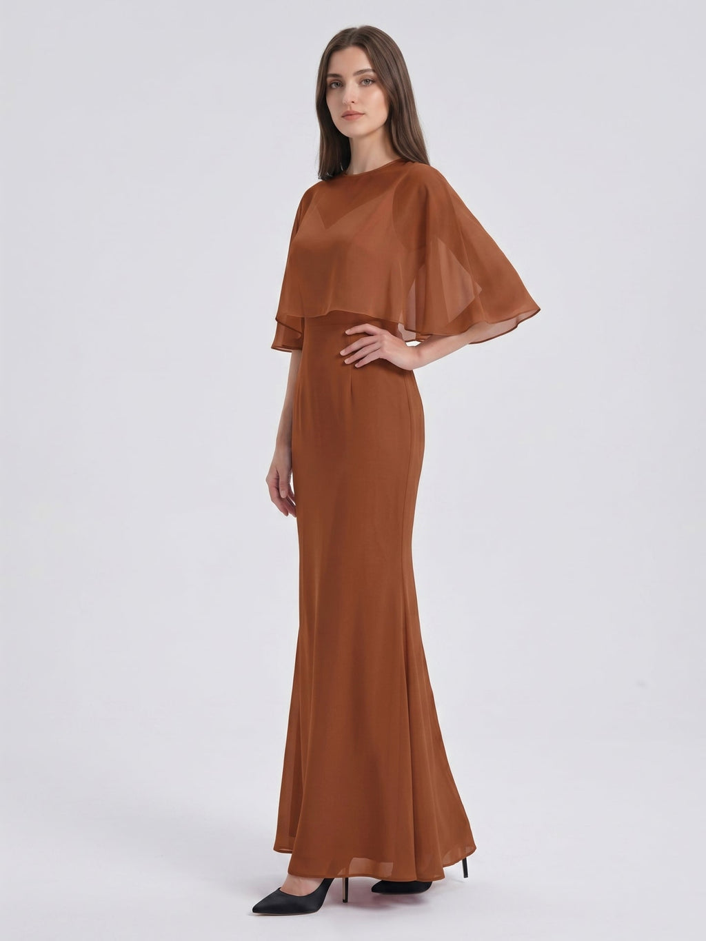 Terracotta Chiffon Mermaid Sweetheart Back Zip Floor-Length Bridesmaid Dress with Cape - Curvevia