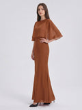 Terracotta Chiffon Mermaid Sweetheart Back Zip Floor-Length Bridesmaid Dress with Cape - Curvevia