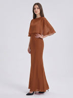Terracotta Chiffon Mermaid Sweetheart Back Zip Floor-Length Bridesmaid Dress with Cape - Curvevia